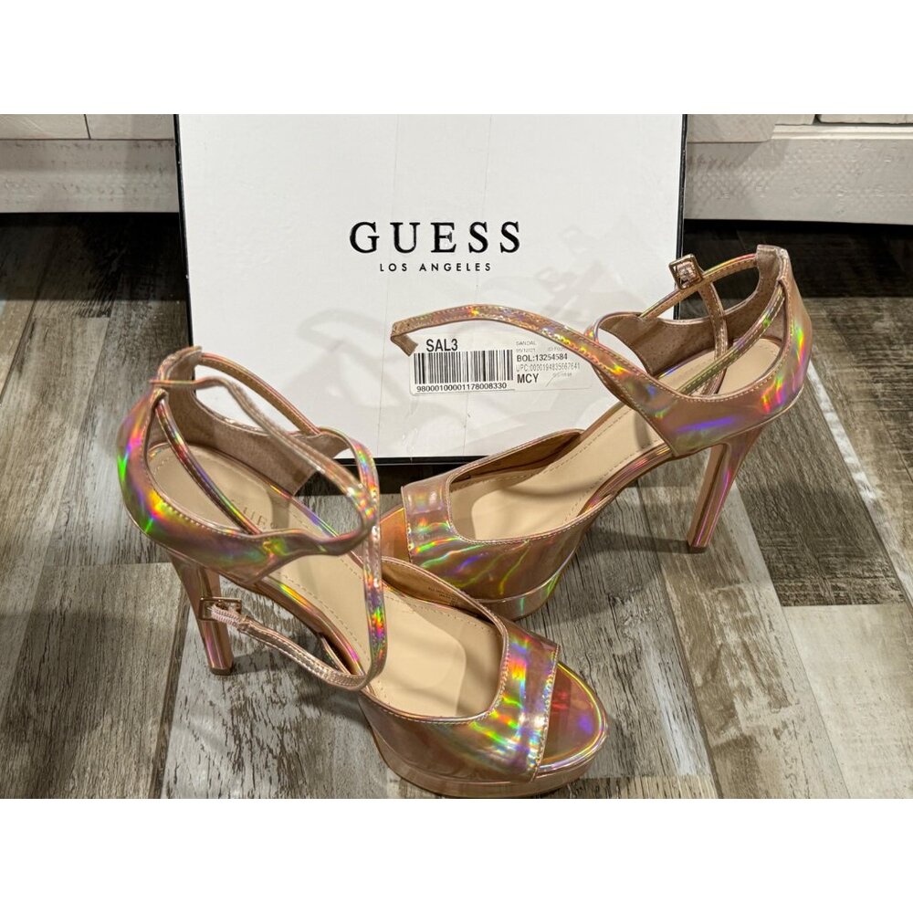 Guess Seana Platform Sandle In Rose Gold Size 7 1/2 4.5in Heel
